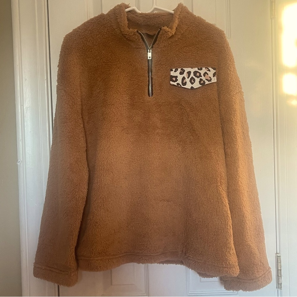 Sherpa Leopard Print Accent Sweatshirt